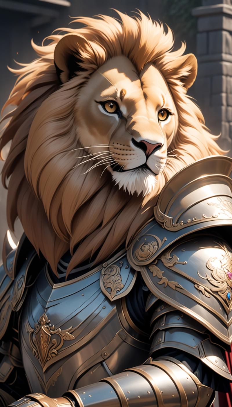 a lion in armor poses for a picture, cinematic close shot XL 0.jpg